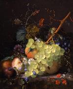 Still-life of grapes and a peach on a table-top